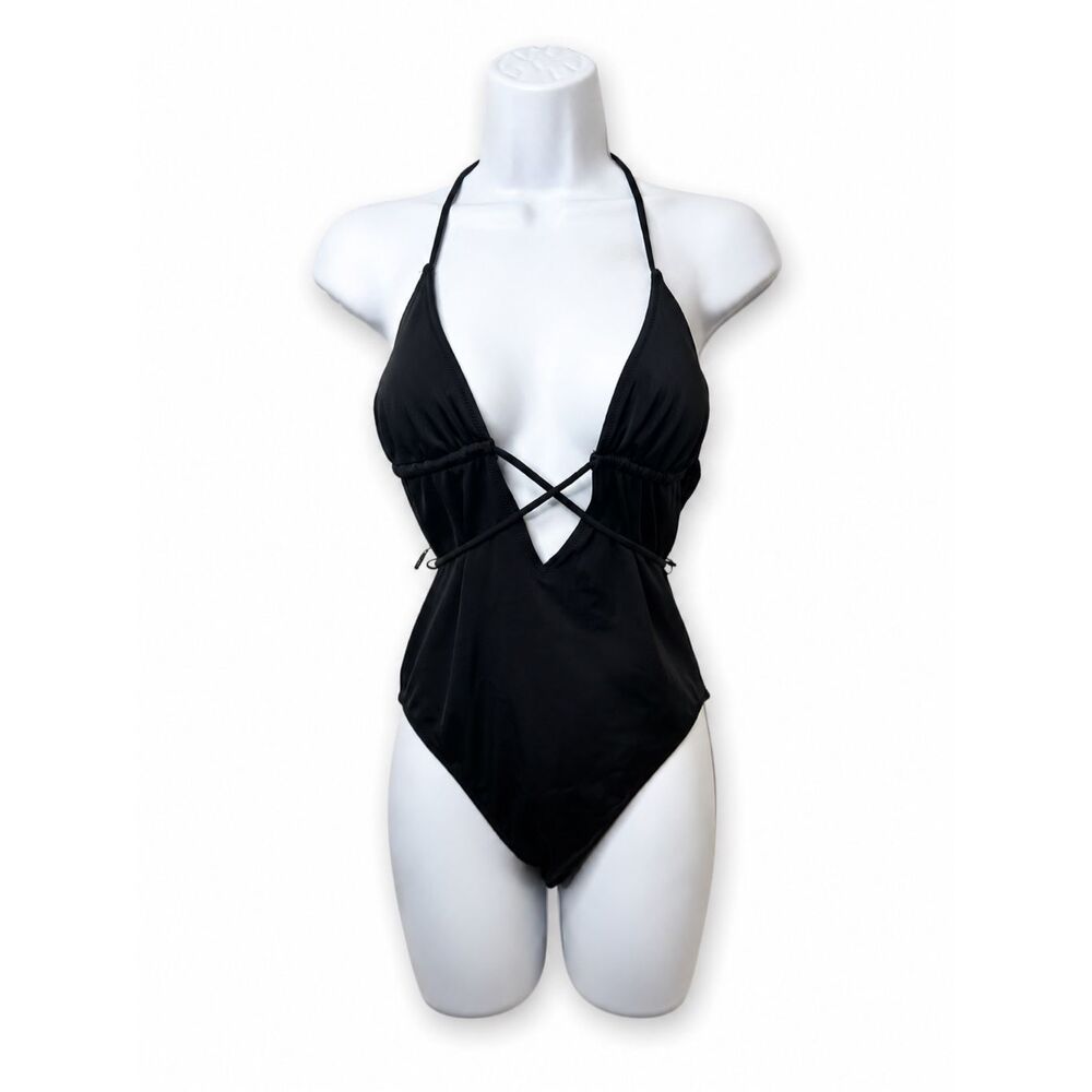 PINK Victoria’s Secret Black Halter Cutout One Piece Swimsuit Size M